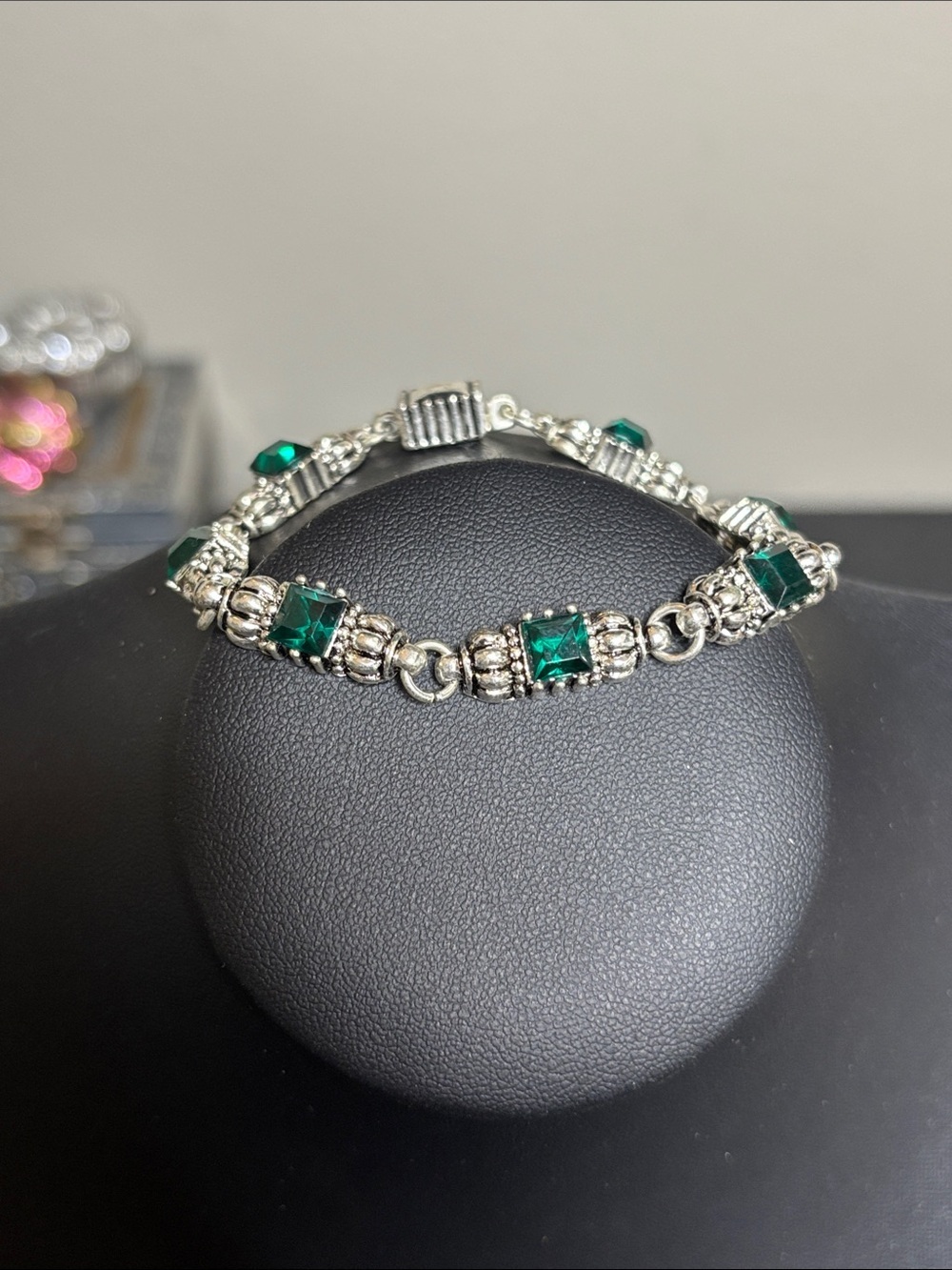 Silver Tone Bracelet with Deep Green Square Stones Elegant